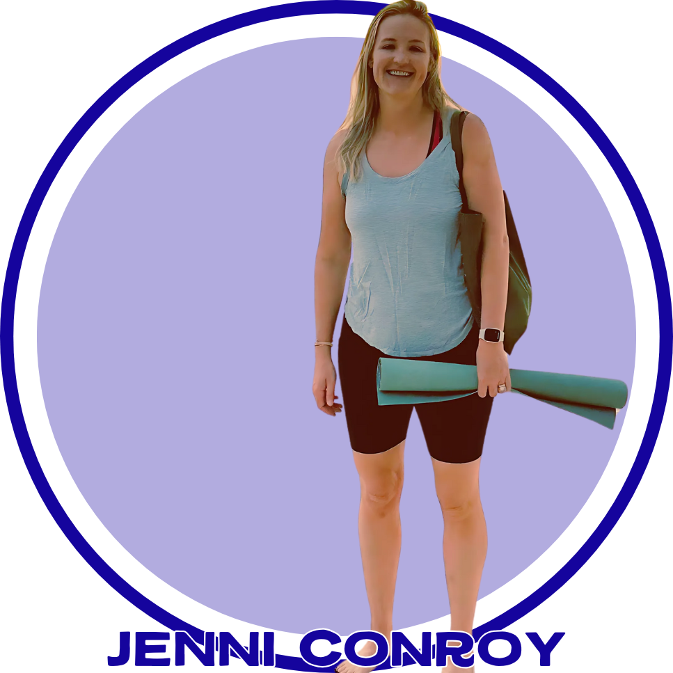 A smiling woman with blonde hair, holding a rolled yoga mat
