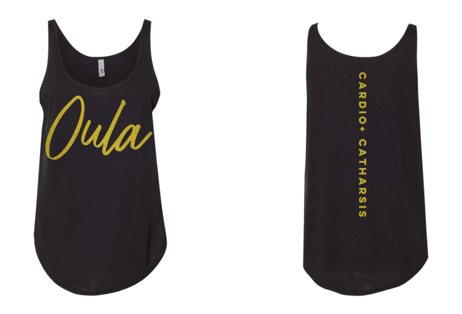 Oula Fitness Gold Shimmer Oula Cardio + Catharsis Spine Side Slit Tank