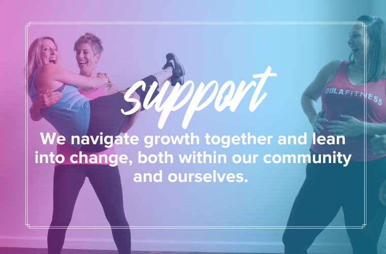 support: we navigate growth together and lean into change, both within our community and ourselves. A smiling woman holding another smiling woman in her arms with one other woman looking from the side and laughing.